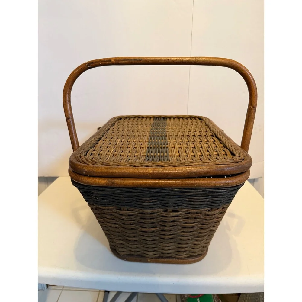Vintage Woven Wicker Picnic Basket Two Tone Brown Hinged Lid Wood Base Handles